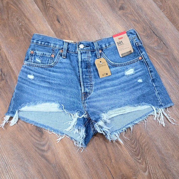 Levi's Pants - Levis 501 Original High Rise Denim Shorts Medium Wash Distressed Raw Hem Size 30